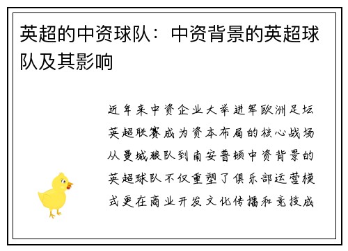 英超的中资球队：中资背景的英超球队及其影响